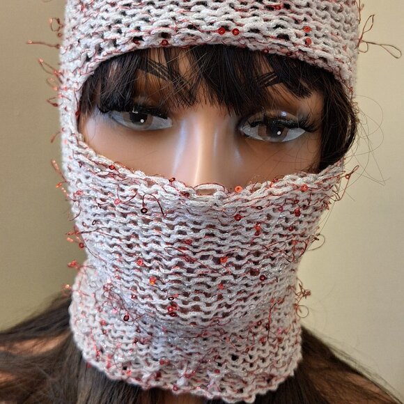 Pink  Balaclava – Sequin Knit Hood – Tinsel Riot – Handmade 1/1 Avantgarde Mask - Picture 6 of 6